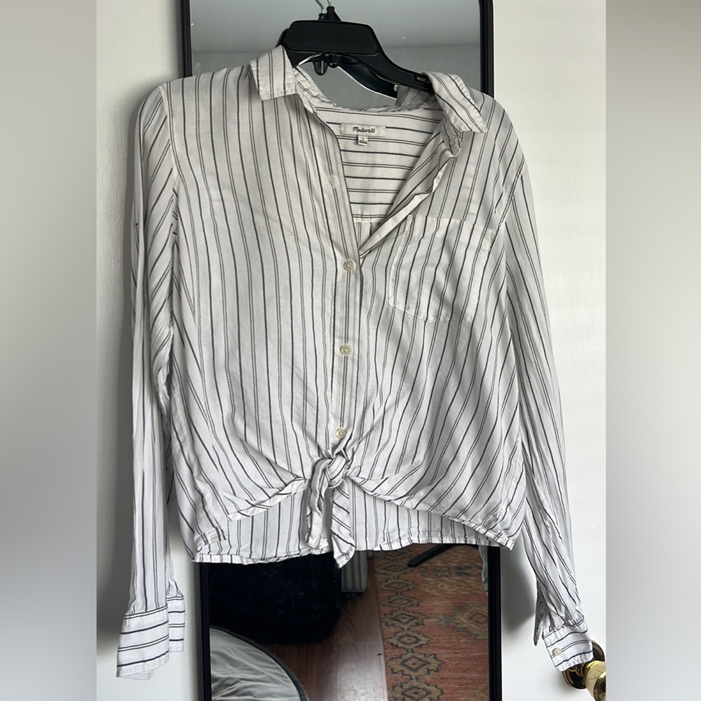 Madewell Sz L Stripe Tie Front Button Down Top